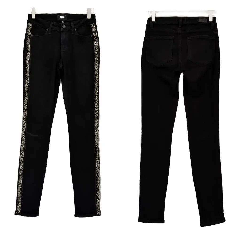 Paige Verdugo Ultra Skinny Tuxedo Side Beading Jeans size 27 Black/Pewter